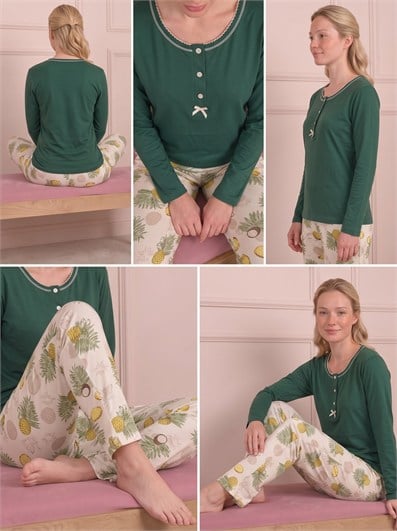 Kadın Meyve Desenli Bisiklet Yaka Uzun Kol Altı Uzun Bambu Pijama Takımı