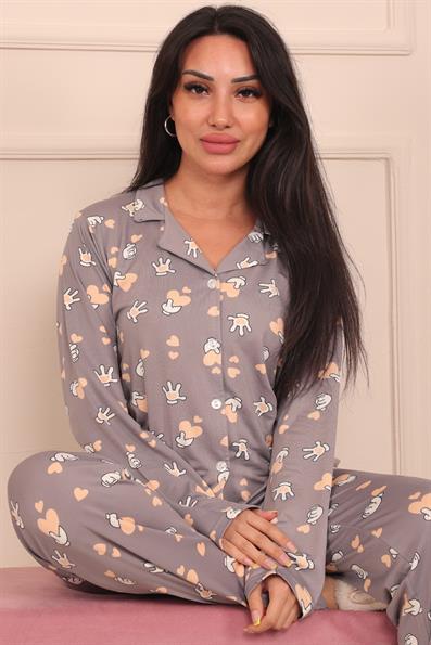 Kadın Mickey Eli ve Kalp Desenli Önü Düğmeli Milan Kumaş Pijama Takımı