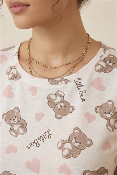 Kadın Minik Ayıcık Desenli Bisiklet Yaka Kısa Kol Altı Uzun Penye Pijama Takımı