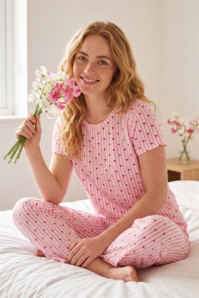 Kadın Minik Kalp Desenli Bisiklet Yaka Kısa Kol Altı Uzun Penye Pijama Takımı