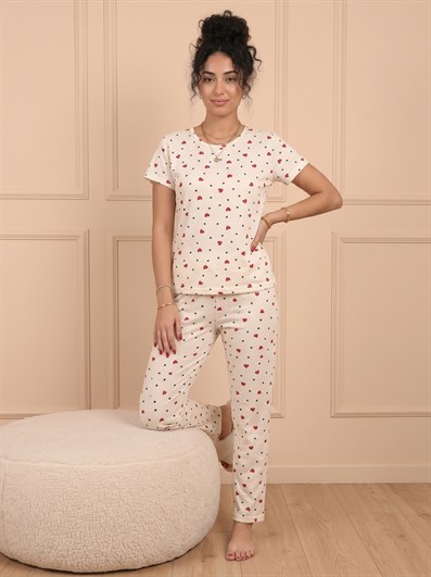 Kadın Minik Kalp Desenli Bisiklet Yaka Kısa Kol Altı Uzun Penye Pijama Takımı