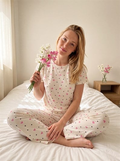 Kadın Minik Kalp Desenli Bisiklet Yaka Kısa Kol Altı Uzun Penye Pijama Takımı