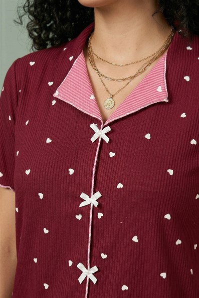 Kadın Minik Kalp Desenli Biyeli V Yaka Kısa Kol Altı Uzun Serin Tutan Viskon Kaşkorse Pijama Takımı
