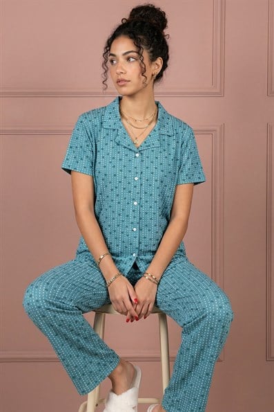 Kadın Minik Kalp Desenli Gömlek Yaka Kısa Kol Altı Uzun Serin Tutan Milan Kumaş Pijama Takımı