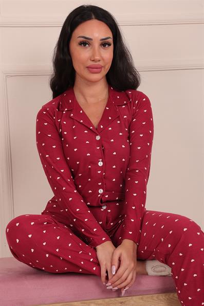 Kadın Minik Kalp Desenli Önü Düğmeli Süet Pijama Takımı