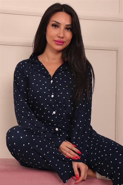 Kadın Minik Kalp Desenli Önü Düğmeli Uzun Kol Altı Uzun Süet Pijama Takımı