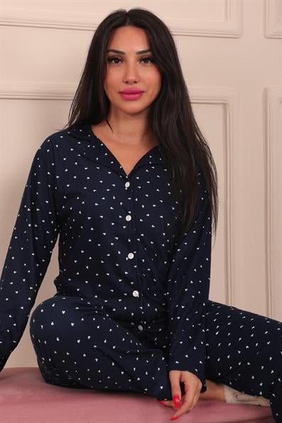 Kadın Minik Kalp Desenli Önü Düğmeli Uzun Kol Altı Uzun Süet Pijama Takımı