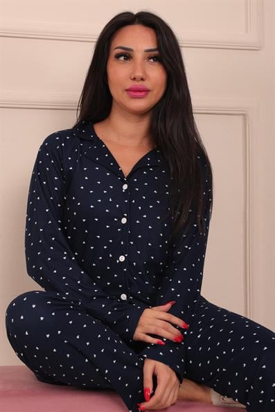 Kadın Minik Kalp Desenli Önü Düğmeli Uzun Kol Altı Uzun Süet Pijama Takımı