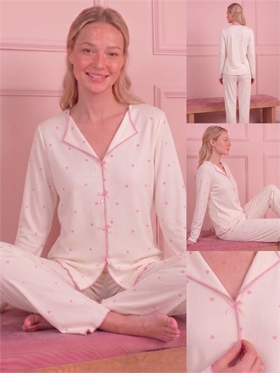 Kadın Minik Kalp Desenli Yarasa Yaka Uzun Kol Altı Uzun Kaşkorse Pijama Takımı