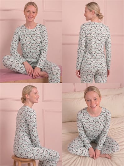 Kadın Minik Köpek Desenli Bisiklet Yaka Uzun Kol Altı Uzun Penye Pijama Takımı