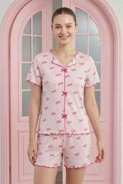 Kadın Minik Kurdele Desenli Biyeli V Yaka Kısa Kol Şortlu Serin Tutan Viskon Kaşkorse Pijama Takımı