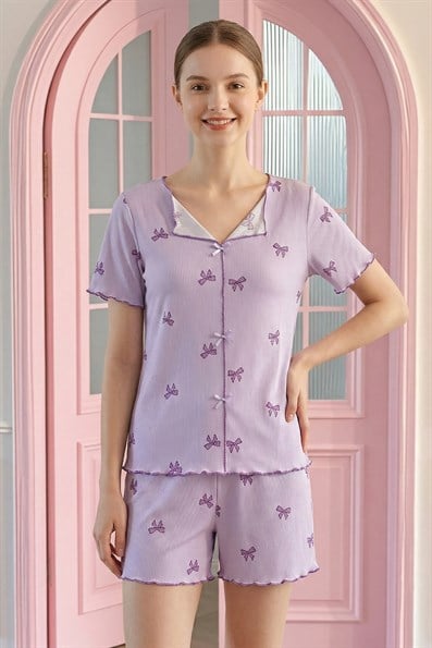 Kadın Minik Kurdele Desenli Biyeli V Yaka Kısa Kol Şortlu Serin Tutan Viskon Kaşkorse Pijama Takımı