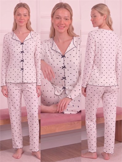 Kadın Minik Kurdele Desenli Yarasa Yaka Uzun Kol Altı Uzun Kaşkorse Pijama Takımı