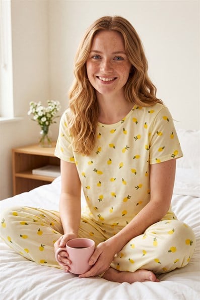Kadın Minik Limon Desenli Bisiklet Yaka Kısa Kol Altı Uzun Penye Pijama Takımı