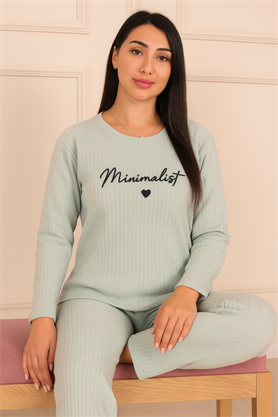 Kadın Minimalist İşlemeli ve Fitilli Bisiklet Yaka Uzun Kol Altı Uzun Pamuklu Pijama Takımı