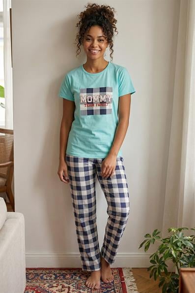 Kadın Mommy Sloganlı Bisiklet Yaka Kısa Kol Altı Uzun Penye Pijama Takımı Turkuaz