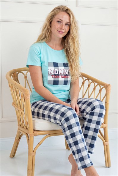 Kadın Mommy Sloganlı Bisiklet Yaka Kısa Kol Altı Uzun Penye Pijama Takımı Turkuaz