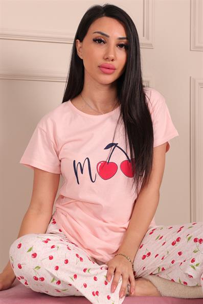 Kadın Mood Sloganlı Vişne Desenli Kısa Kol Pijama Takımı Pudra