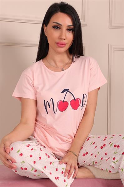 Kadın Mood Sloganlı Vişne Desenli Kısa Kol Pijama Takımı Pudra