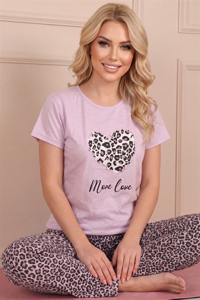 Kadın More Love Yazılı ve Altı Leopar Desenli Kısa Kollu Pijama Takımı