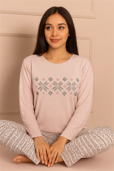 Kadın Motif Desenli Bisiklet Yaka Uzun Kol Altı Uzun Penye Pijama Takımı
