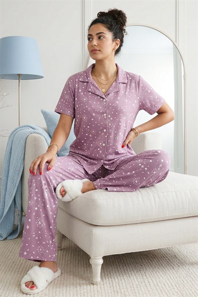 Kadın Motif Desenli Gömlek Yaka Kısa Kol Altı Uzun Serin Tutan Milan Kumaş Pijama Takımı