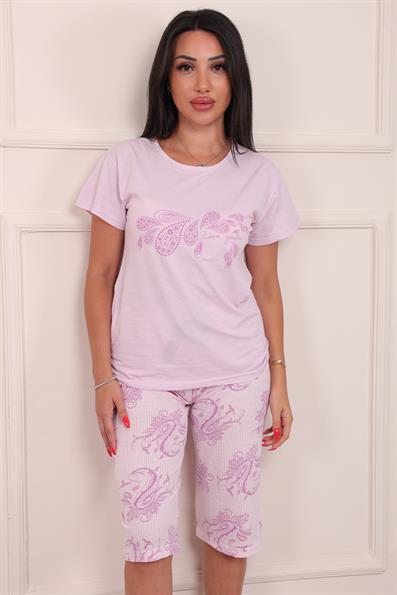 Kadın Motif Desenli Kısa Kol Altı Kapri Penye Pijama Takımı Lila