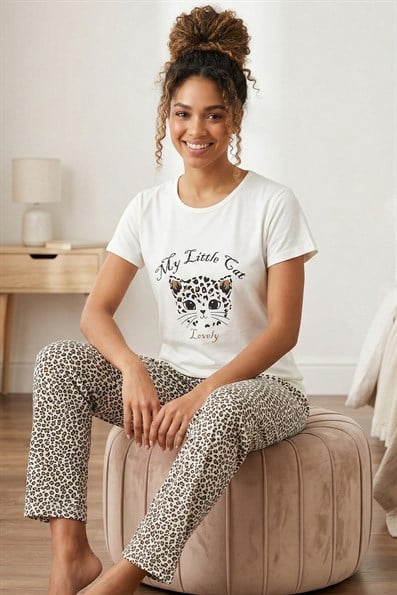 Kadın My Little Cat Sloganlı ve Altı Leopar Desenli Penye Kısa Kollu Pijama Takımı