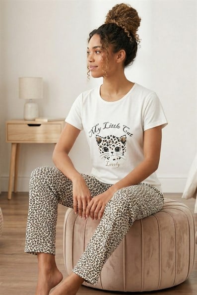 Kadın My Little Cat Sloganlı ve Altı Leopar Desenli Penye Kısa Kollu Pijama Takımı