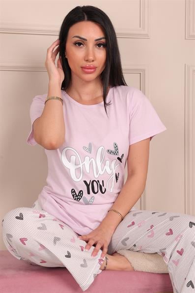 Kadın Only You Sloganlı Kısa Kol Penye Pijama Takımı Pudra