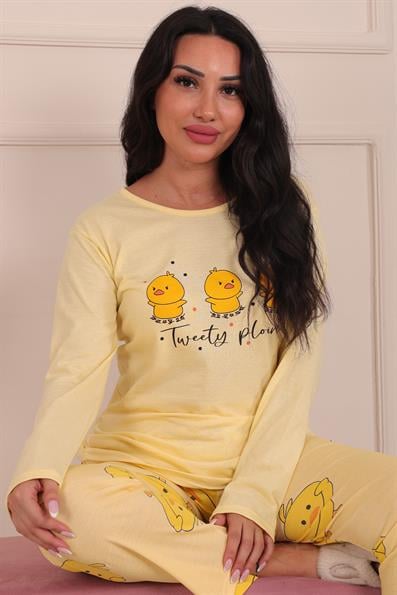 Kadın Ördek Yavursu Desenli Bisiklet Yaka Uzun Kol Altı Uzun Penye Pijama Takımı