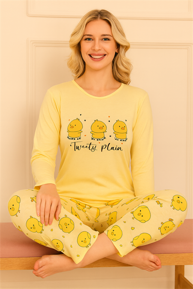 Kadın Ördek Yavursu Desenli Bisiklet Yaka Uzun Kol Altı Uzun Penye Pijama Takımı