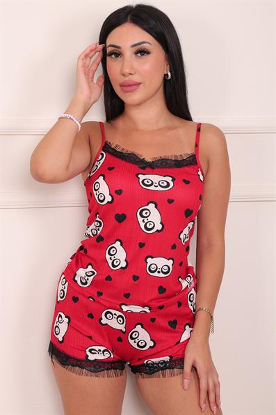 Kadın Panda Desenli Şortlu Pegasus Pijama Takım Kırmızı