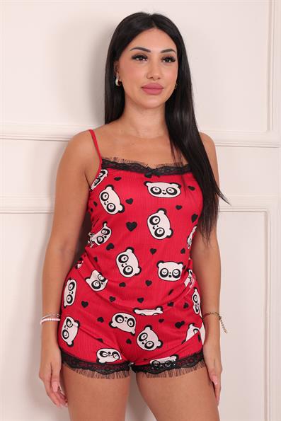 Kadın Panda Desenli Şortlu Pegasus Pijama Takım Kırmızı