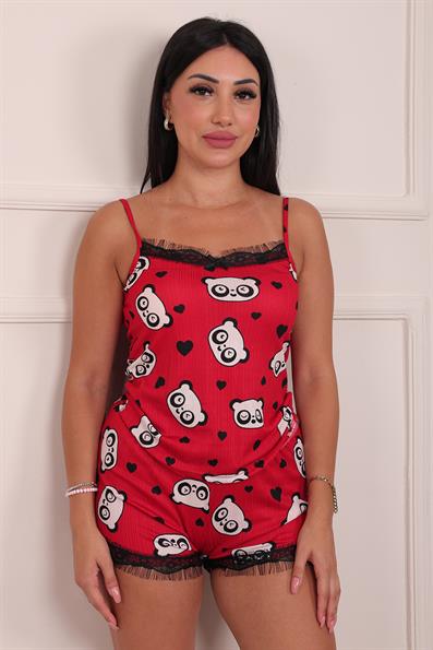 Kadın Panda Desenli Şortlu Pegasus Pijama Takım Kırmızı