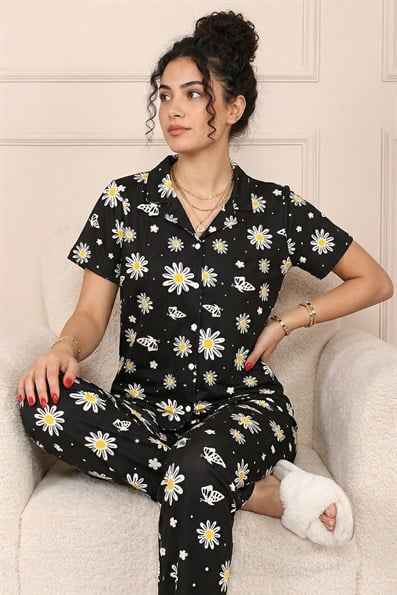 Kadın Papatya Desenli Gömlek Yaka Kısa Kol Altı Uzun Serin Tutan Milan Kumaş Pijama Takımı