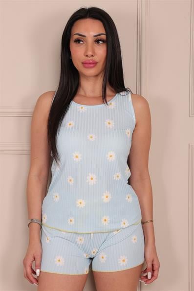 Kadın Papatya Desenli Kalın Askılı Şortlu Viskon Pijama Takımı