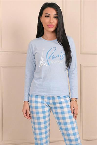 Kadın Paris Sloganlı ve Desenli Altı Ekose Desenli Bisiklet Yaka Uzun Kol Altı Uzun Penye Pijama Takımı