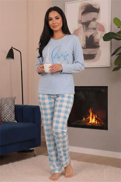 Kadın Paris Sloganlı ve Desenli Altı Ekose Desenli Bisiklet Yaka Uzun Kol Altı Uzun Penye Pijama Takımı