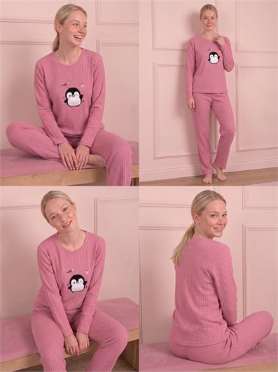 Kadın Penguen İşlemeli Bisiklet Yaka Uzun Kol Altı Uzun Pamuklu Fitilli Pijama Takımı