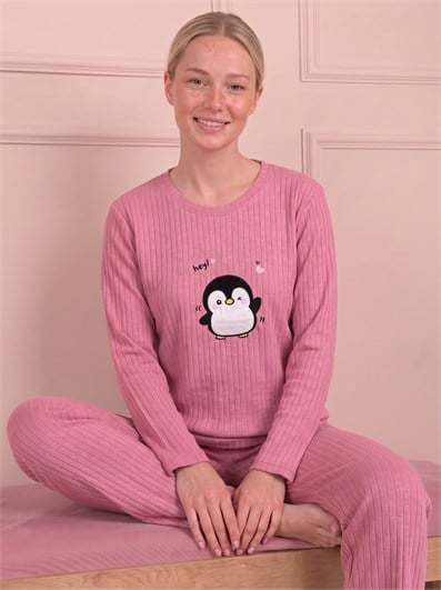 Kadın Penguen İşlemeli Bisiklet Yaka Uzun Kol Altı Uzun Pamuklu Fitilli Pijama Takımı