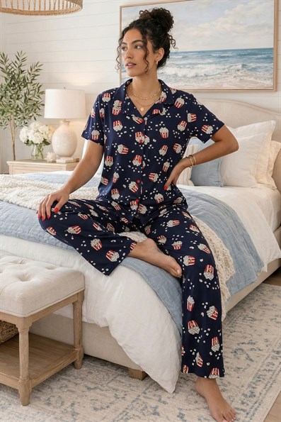 Kadın Pop Corn Desenli Gömlek Yaka Kısa Kol Altı Uzun Serin Tutan Milan Kumaş Pijama Takımı