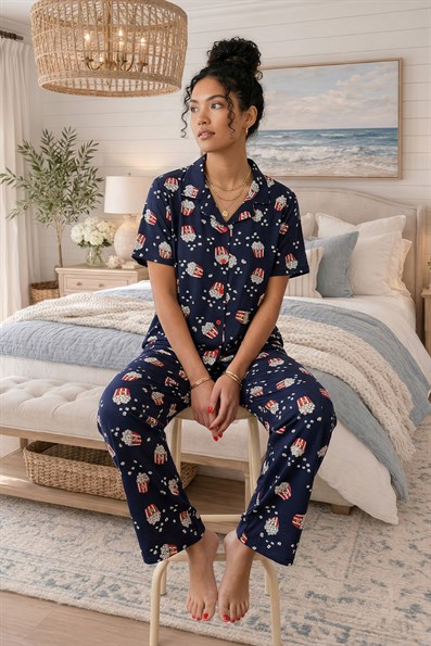 Kadın Pop Corn Desenli Gömlek Yaka Kısa Kol Altı Uzun Serin Tutan Milan Kumaş Pijama Takımı
