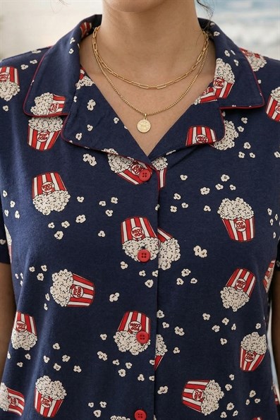 Kadın Pop Corn Desenli Gömlek Yaka Kısa Kol Altı Uzun Serin Tutan Milan Kumaş Pijama Takımı