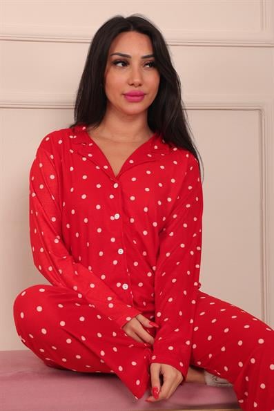 Kadın Puantiye Desenli Önü Düğmeli Uzun Kol Altı Uzun Süet Pijama Takımı