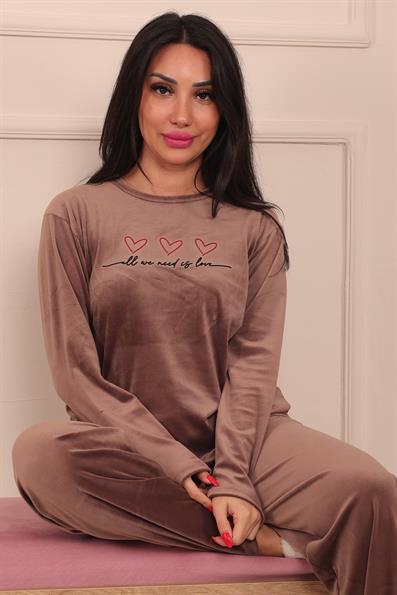 Kadın Remember To Sloganlı Uzun Kollu Kadife Pijama Takımı