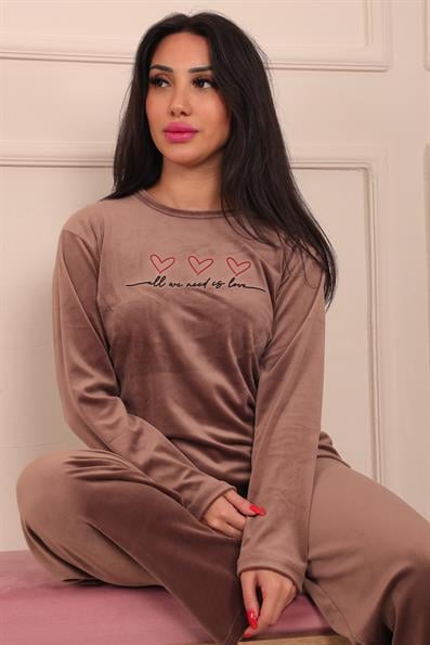 Kadın Remember To Sloganlı Uzun Kollu Kadife Pijama Takımı