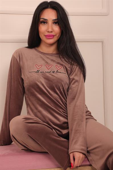Kadın Remember To Sloganlı Uzun Kollu Kadife Pijama Takımı