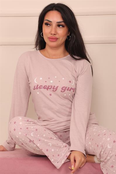 Kadın Sleepy Girl Sloganlı Bisiklet Yaka Uzun Kol Altı Uzun Penye Pijama Takımı