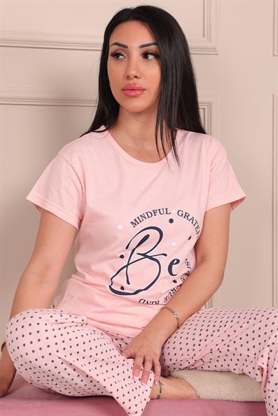 Kadın Sloganlı Altı Uzun Kısa Kol Penye Pijama Takımı SARI